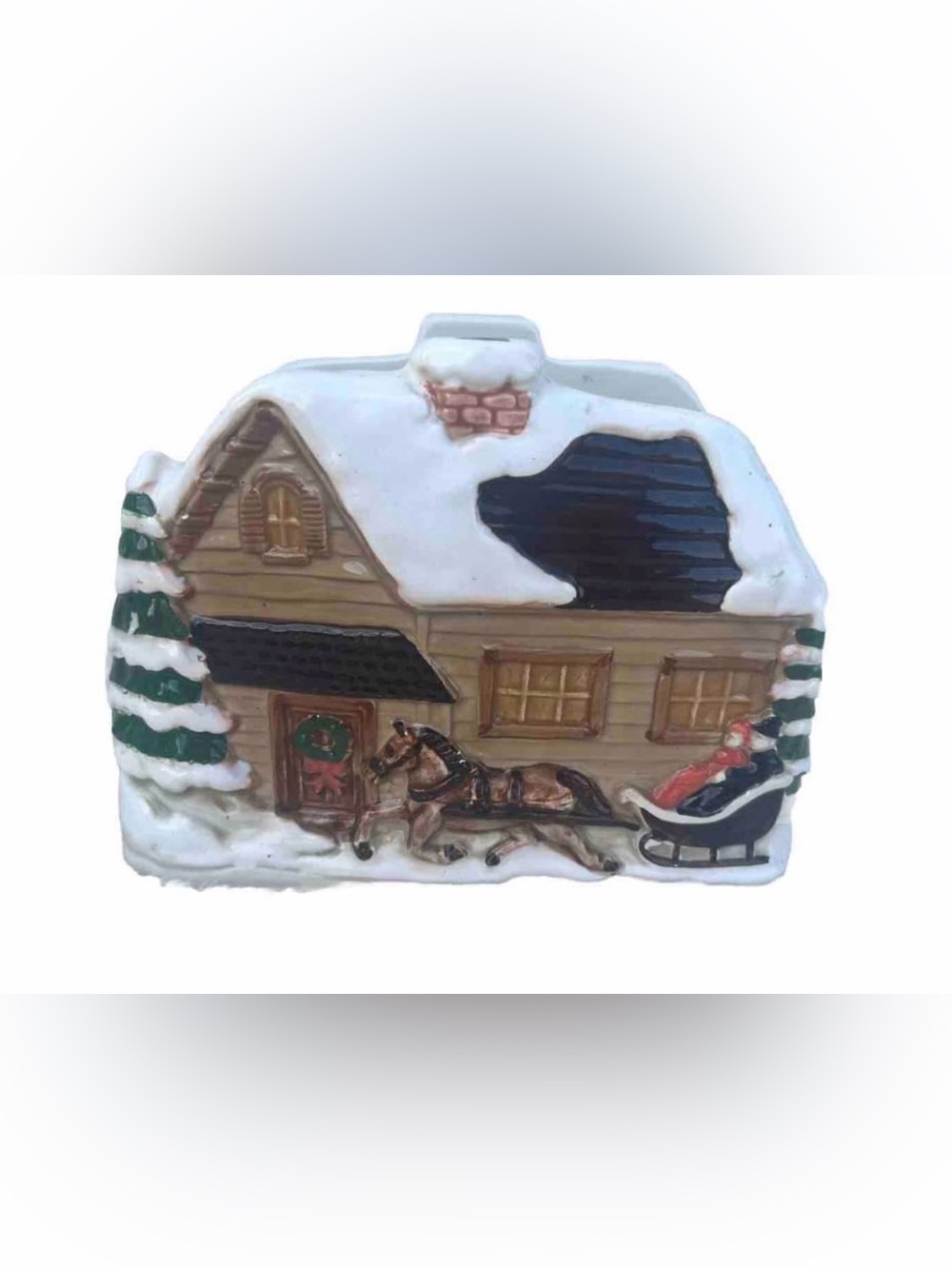 Vintage Christmas Napkin Holder Otagiri Japan Sleigh And Horse Ceramic